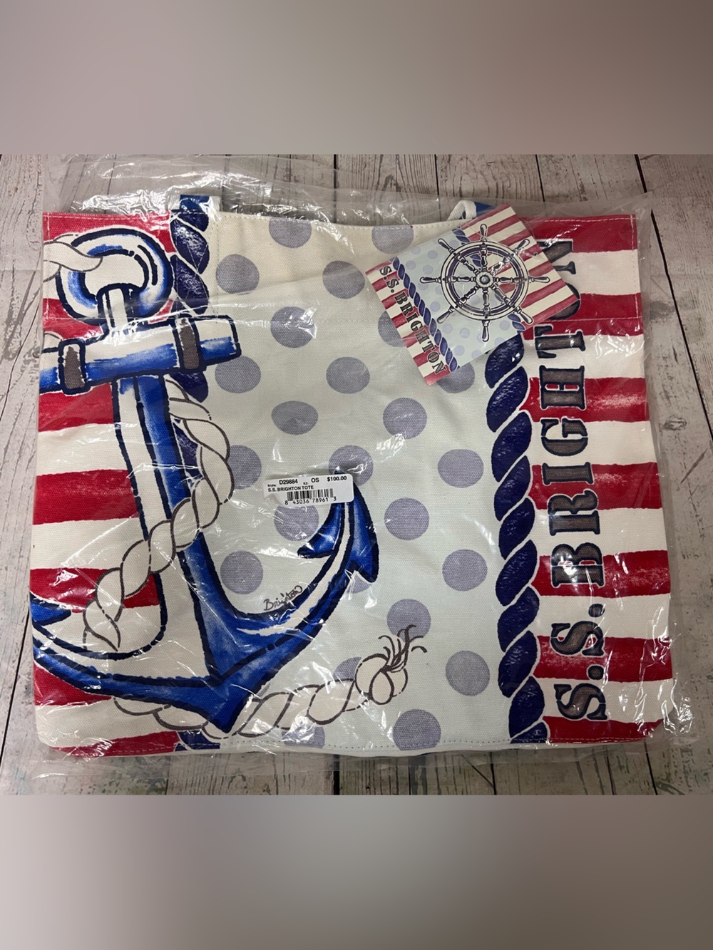 Brighton Sail Away Large Canvas Tote Bag S.S. Brighton Navy Natural 15x13x8 NEW